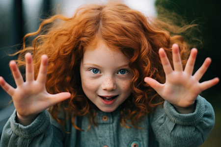 child with red curly hair holding hands and making faces.の素材