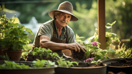 Gardening, with soil-stained hands and a sun hat, tends to his garden plants..の素材