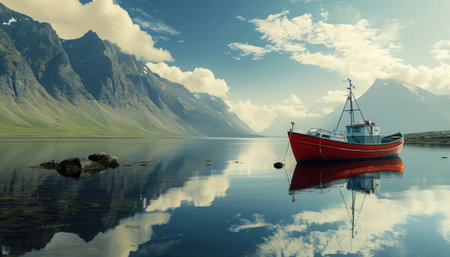 fishing boat moors in reflection under mountain peaks.の素材