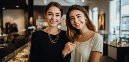 in a jewelery store smiling young women, gold and black, delicate gold detailing.の素材