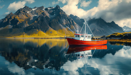 fishing boat moors in reflection under mountain peaks.の素材