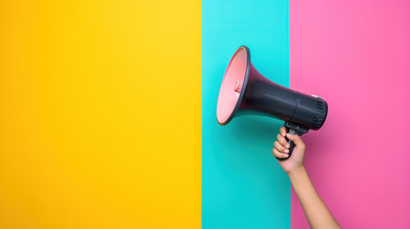 hand holding megaphone against minimalist vivid background with copy space.の素材