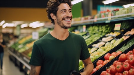 handsome Italian man in a dark green shirt buys groceries in a supermarket.の素材