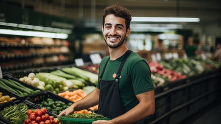 Italian man in a dark green shirt buys groceries in a supermarket.の素材