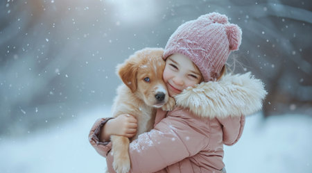 little girl hugging her dog.の素材