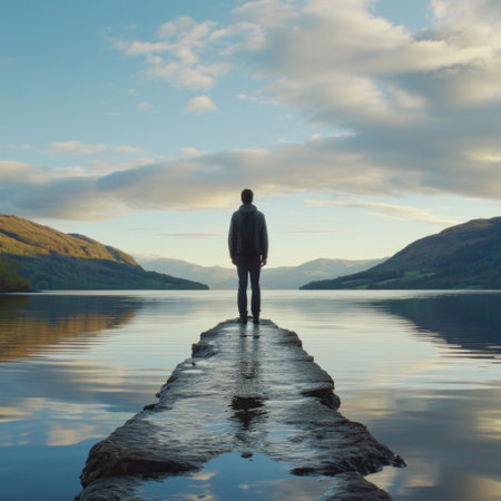 man standing on a watery path on loch orse.の素材