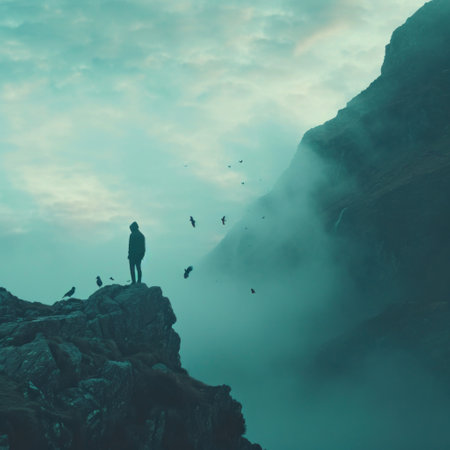 man standing on rock with birds flying.の素材