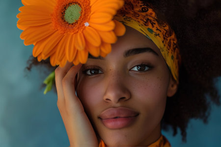 a young woman holding an eye catching flower.の素材