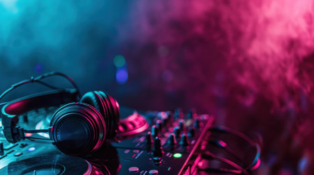 Dj mixer with headphones on a nightclub background with smoke and fireの素材