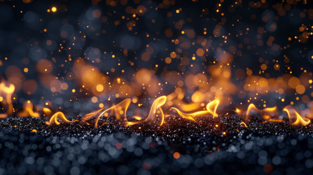 A close-up view of a raging fire with blurred lights in the background, creating a dynamic and fiery scene.の素材