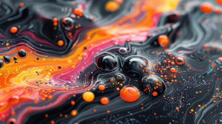 A detailed view of black and orange liquids blending together in a close-up shot.の素材