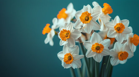 A collection of white and yellow flowers arranged neatly in a vase.の素材