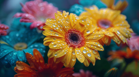 A cluster of colorful flowers covered in sparkling water droplets, highlighting their natural beauty and freshness.の素材