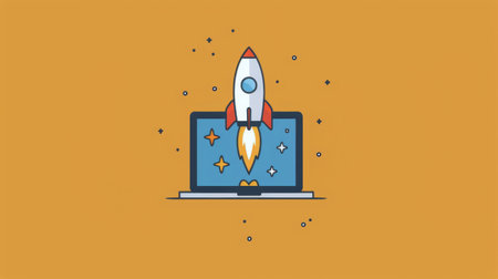 A laptop with a rocket placed on top, ready for launch into space.の素材