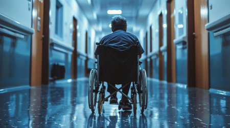 A man in a wheelchair navigating a hallway.の素材
