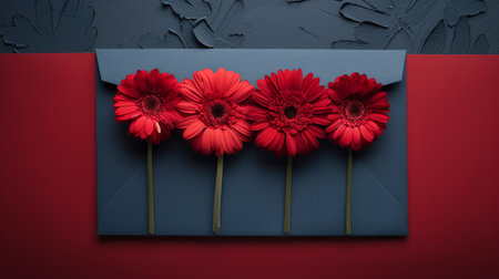 A group of red flowers placed on top of a vibrant blue wall, creating a striking contrast in colors.の素材