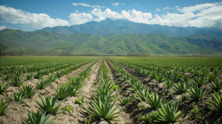 A field of pineapples stretches towards the horizon with majestic mountains in the background.の素材