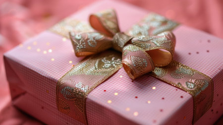 A pink gift box adorned with a shiny gold ribbon, presenting a luxurious and elegant gift option.の素材