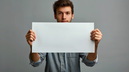 A man holds up a white paper in front of his face.の素材