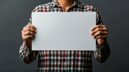 A man holds up a white paper in front of his face.の素材
