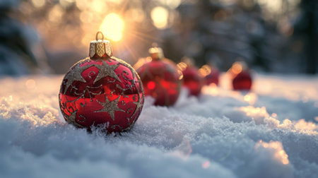 Several red ornaments are placed on top of a snow-covered ground, creating a festive and wintery scene.の素材