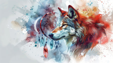 A painting depicting a wolf with a dream catcher, showing Native American symbolism and wildlife imagery.の素材