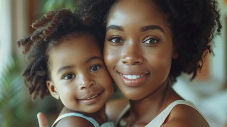 A woman standing while holding a small child in her arms.の素材