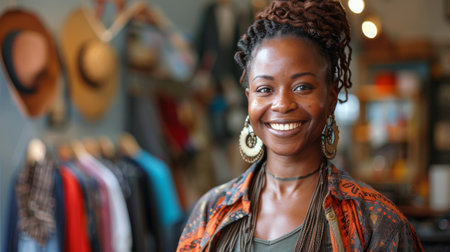 A woman standing in front of a rack of clothes, browsing through the items displayed.の素材