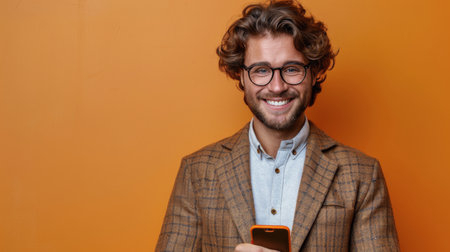 A man with a beard and glasses holds a cell phone while looking at the screen.の素材