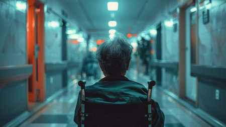 A person using a wheelchair navigating down a hallway lined with doors and fluorescent lighting.の素材
