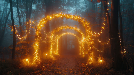 A illuminated archway stands prominently in the midst of a dense forest, creating a striking contrast against the dark surroundings.の素材