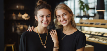 in a jewelery store smiling young women, gold and black, delicate gold detailing.の素材