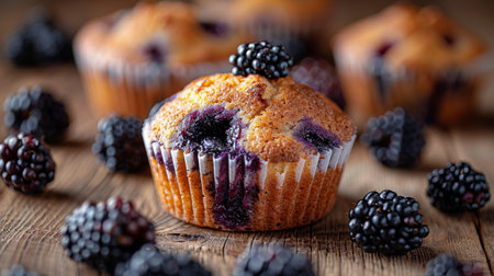 A homemade muffin topped with fresh blueberries and raspberries on a wooden cutting board. AI Generativeの素材