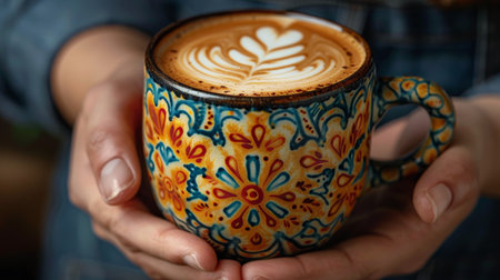 A white cup filled with coffee sits amidst a scattered array of coffee beans on a table. AI Generativeの素材