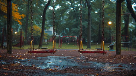 Two swings hanging in a park with fallen leaves covering the ground, indicating a serene autumn setting. AI Generativeの素材