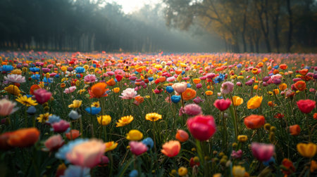 A field bursting with colorful flowers under a sunny sky, with lush trees in the background creating a vibrant scene of nature. AI Generativeの素材