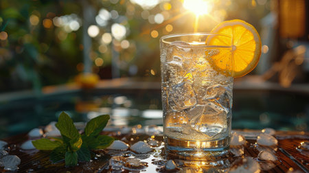 A glass filled with ice cubes and a slice of lemon, creating a refreshing and cool drink. AI Generativeの素材