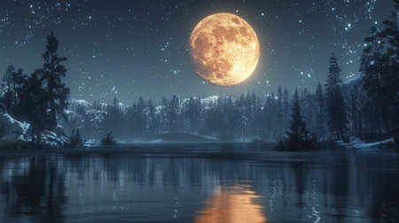 The full moon is mirrored in the calm water, creating a mesmerizing natural phenomenon. AI Generativeの素材