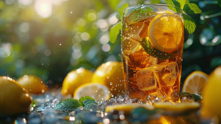 A glass filled with iced tea garnished with fresh lemon slices and mint leaves on a wooden table. AI Generativeの素材