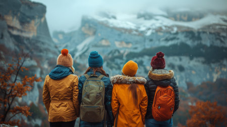 A diverse group of people wearing backpacks standing in front of a towering mountain, ready for a hike. AI Generativeの素材