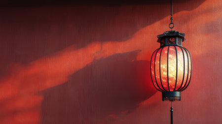 A red light fixture suspended from a vivid red wall, casting a striking glow in the room.の素材