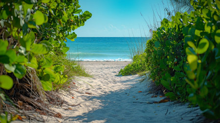 A sandy path leading to the beach, with lush greenery on either side and a clear blue sky above, providing a serene and inviting background with space for text.の素材