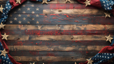 American flag crafted from wood with prominent stars, showing patriotism and pride.の素材