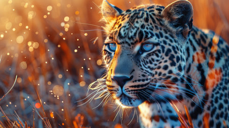 A detailed view of a leopards face and spots against a dark background, showing its distinctive markings and intense gaze.の素材