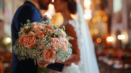 A newlywed couple, the bride in a white gown and the groom in a suit, walking together down the aisle of a church during their wedding ceremony.の素材