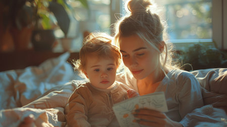 A woman sitting on a couch, embracing a baby in her arms.の素材