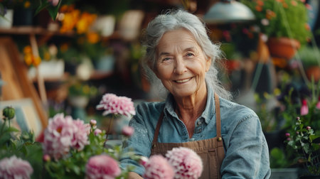 An older woman with a hat gracefully holds a bunch of colorful flowers in her hands.の素材