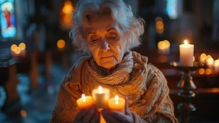An elderly woman holding a candle that is lit, illuminating her hands.の素材