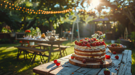 A delicious birthday cake placed on a wooden table, ready to be enjoyed.の素材