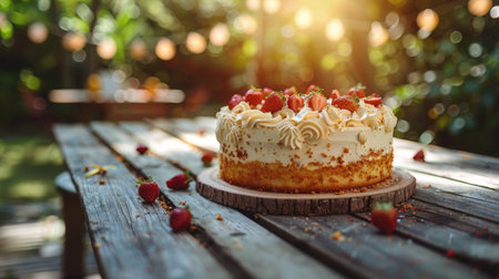 A cake placed on top of a rustic wooden table, showing a delicious dessert ready to be served.の素材